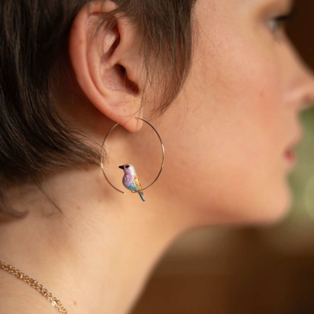 Nach Pink Blue Bird Hoop Earrings